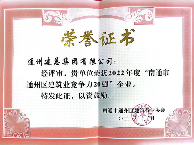 2022年度“南通市 通州区建筑业竞争力20强”企业